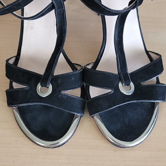 Stuart Weitzman T Strap Black Suede Double Ankle Buckle Strappy Heels Sandals - Picture 8 of 16